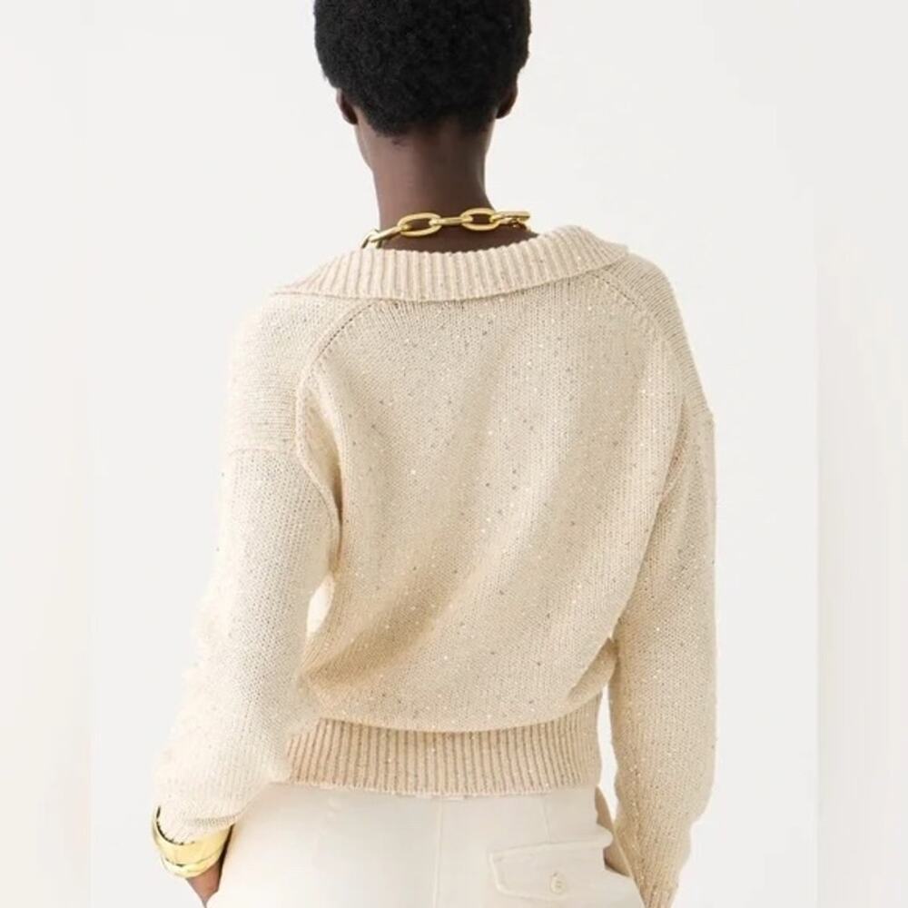J Crew Sequin Polo Sweater XS Ivory Silver Stardust Chunky Knit Holiday Ribbed - Picture 3 of 13